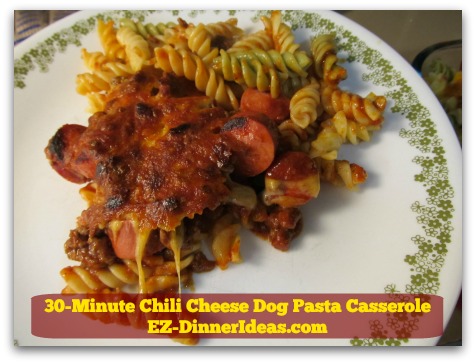 30-Minute Chili Cheese Dog Pasta Casserole - Look at the cheese.  You will not believe how flavorful this pasta dish is.