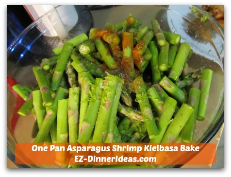 One Pan Asparagus Shrimp Kielbasa Bake - Add all seasonings, oil, lime juice and zest One Pan Asparagus Shrimp Kielbasa Bake - Add all seasonings, oil, lime juice and zest
