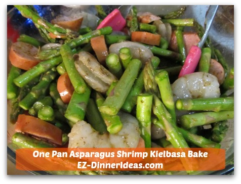 One Pan Asparagus Shrimp Kielbasa Bake - Add shrimp and Kielbasa; toss to coat One Pan Asparagus Shrimp Kielbasa Bake - Add shrimp and Kielbasa; toss to coat