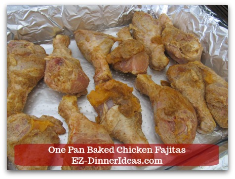 Easy Chicken Fajitas Recipe | One Pan Baked Chicken Fajitas - Single layer chicken skin side down on roasting pan.