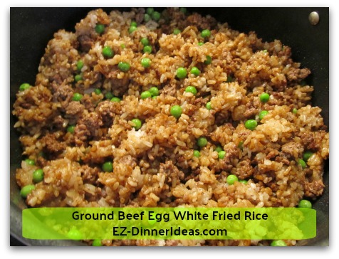 Ground Beef Egg White Fried Rice - As soon as combining the green peas with the rice, they are warmed through.  It takes about 1-2 minutes