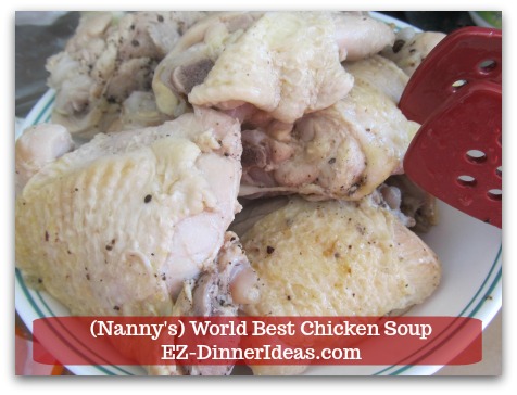 World Best Chicken Soup - Take out chicken to shred meat.  Discard skin and bones.