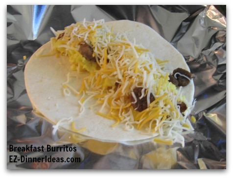 Breakfast Planning | Breakfast Burritos - Put about 1 tablespoon scrambled eggs, 1 teaspoon sausage and 1 tablespoon cheese Breakfast Planning | Breakfast Burritos - Put about 1 tablespoon scrambled eggs, 1 teaspoon sausage and 1 tablespoon cheese