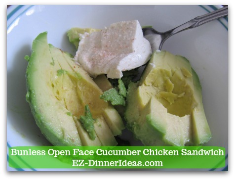 Easy No Cook Snack | Bunless Open Face Cucumber Chicken Sandwich - Mix both avocado and cream cheese together with a folk