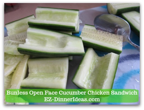 Easy No Cook Snack | Bunless Open Face Cucumber Chicken Sandwich - Use a spoon to scoop out cucumber seeds to make a trench