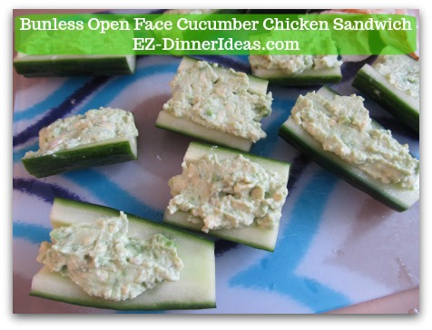 Easy No Cook Snack | Bunless Open Face Cucumber Chicken Sandwich - Use knife to fill the cucumber trench with cream cheese mixture