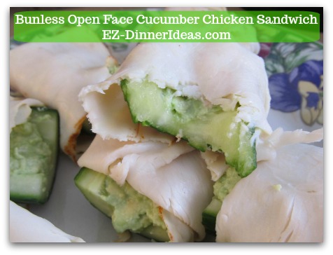 Bunless Cucumber Chicken Sandwich-
This easy no cook snack is great for after school snack and party finger food.  You can even have your little ones to help you, too.