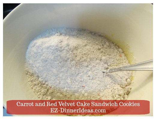 Cake Mix Dessert | Carrot and Red Velvet Cake Sandwich Cookies - In a mixing bowl, combine carrot cake mix, eggs and oil together.
