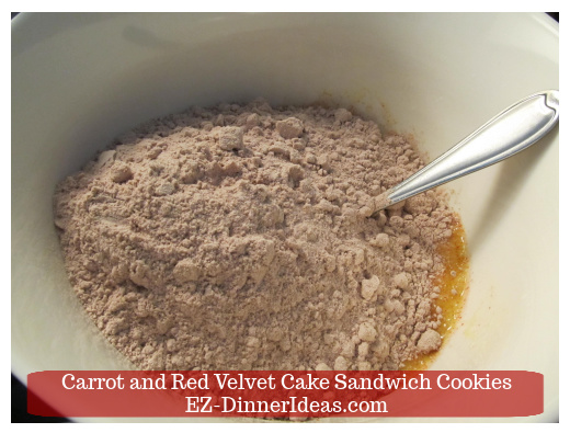 Cake Mix Dessert | Carrot and Red Velvet Cake Sandwich Cookies - In another mixing bowl, combine red velvet cake mix, egg and oil together to make batter.
