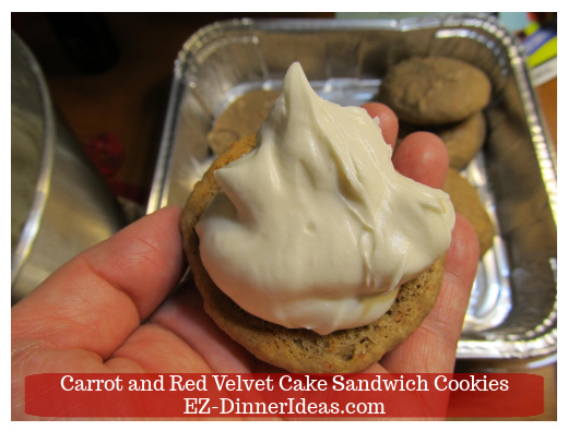 Cake Mix Dessert | Carrot and Red Velvet Cake Sandwich Cookies - To assembling sandwich cookie, add cream cheese filling on the flat side of a cookie.