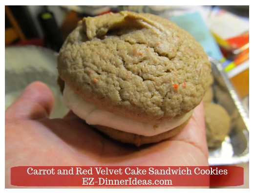 Cake Mix Dessert | Carrot and Red Velvet Cake Sandwich Cookies - Top it with another cookie flat side down on the filling.