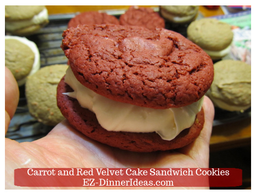 Cake Mix Dessert | Carrot and Red Velvet Cake Sandwich Cookies - A batch of cream cheese filling can make 18-20 cookie sandwiches.