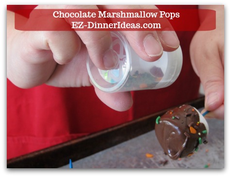 Chocolate Marshmallow Recipe | Chocolate Marshmallow Pops - Use a shaker to add sprinkles on top.