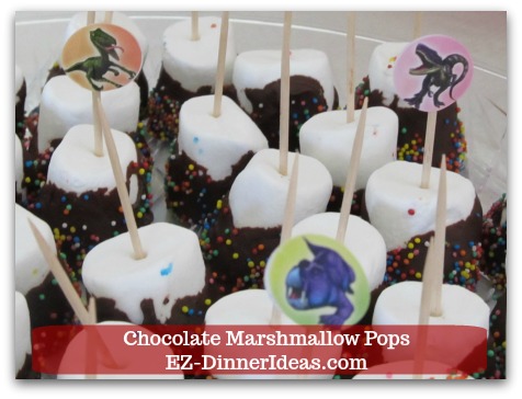 Chocolate Marshmallow Recipe | Chocolate Marshmallow Pops - Use stickers to put on top of toothpicks or skewers to tie your party theme together.