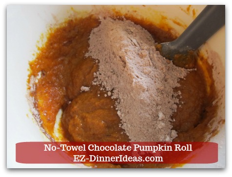 Chocolate Cake Roll | No-Towel Chocolate Pumpkin Roll - Add dry ingredient mixture into the wet one.