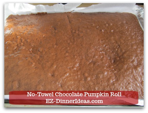 Chocolate Cake Roll | No-Towel Chocolate Pumpkin Roll - Bake for 15-17 minutes at 375F oven.