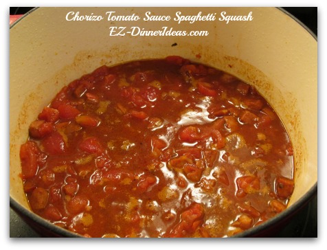 Simmer the mixture of Chorizo sausage, tomato paste and tomato sauce for 30 minutes