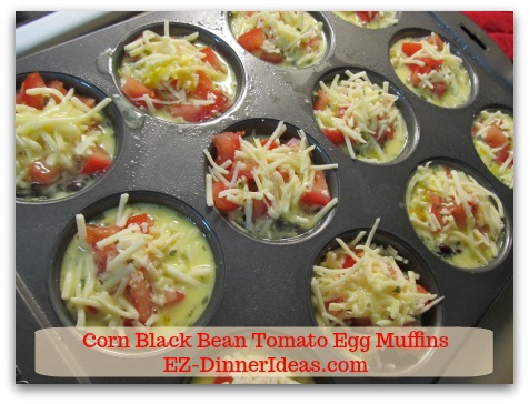 Corn Black Bean Tomato Egg Muffins - Pour egg batter in each muffin cup