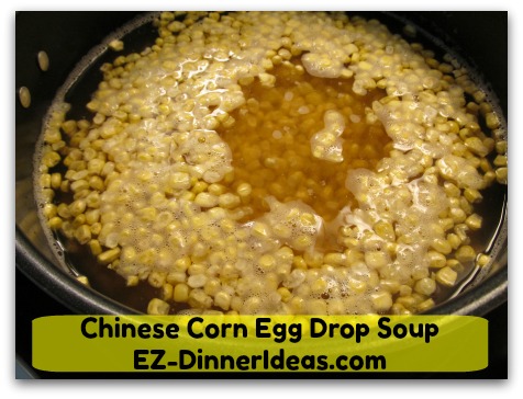 Chinese Corn Egg Drop Soup - Add frozen corn kernels into broth