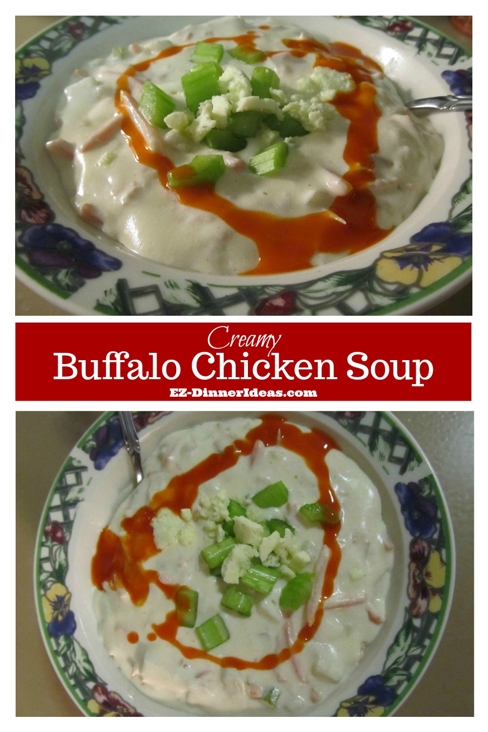 This creamy chicken soup recipe kicks up a notch.  If you love buffalo chicken, this is a perfect couch potato recipe for your comfort.