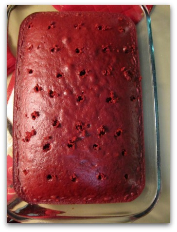 Deconstructed Red Velvet Cake - best to cut the top off to make the entire cake level.  Poke holes aggressively (even more than what it shows on this pic)