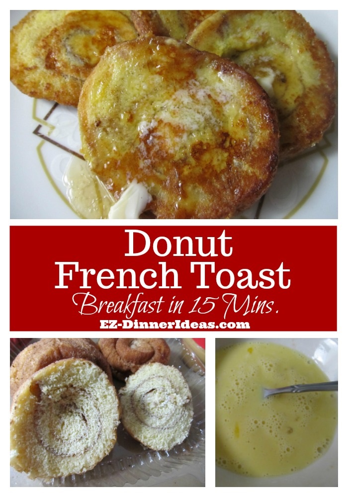 Donut French toast makes regular donuts super exciting.  Crispy on the outside; soft and warm on the inside.  Breakfast on the table in 15 minutes.