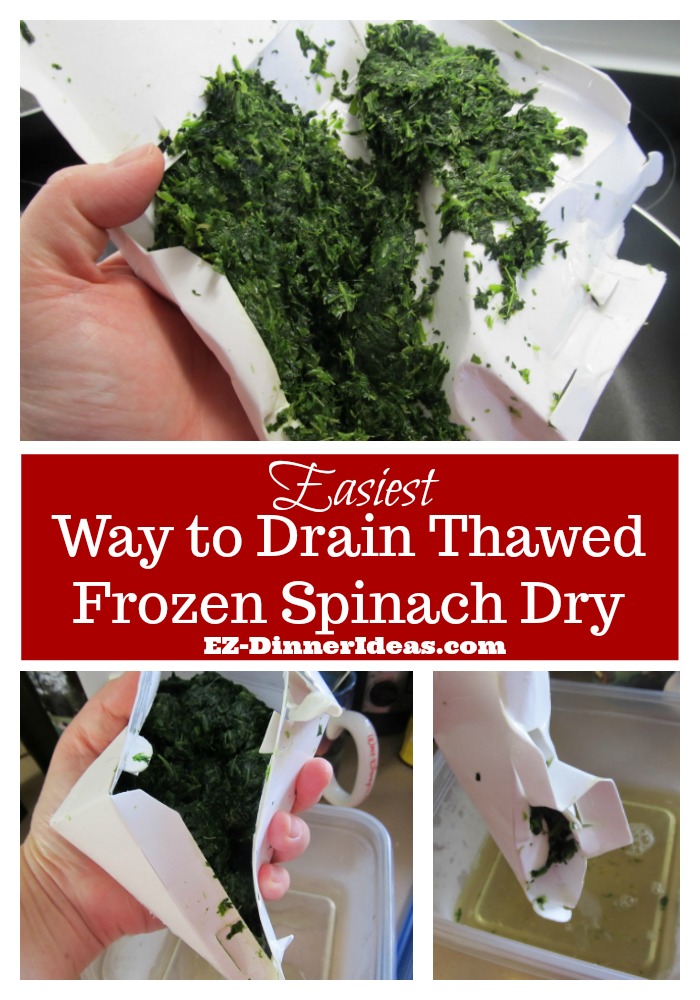The Easiest Way to Drain Thawed Frozen Spinach Dry - No extra dish or towel needed.  Just simply squeeze the box together and let the liquid dripping out and discard the box.