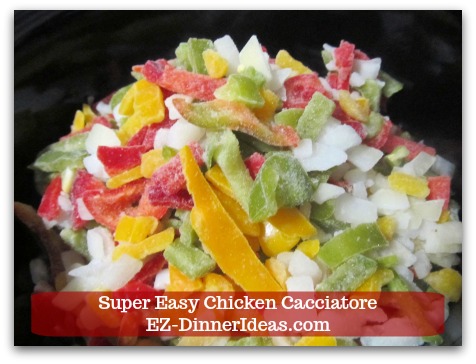 Italian Chicken Dinner Recipe | Super Easy Chicken Cacciatore - Add garlic and frozen pepper and onion.  Cover and cook for another hour.