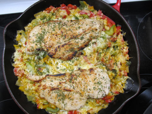 Use enameled cast iron skillet to make TGI Friday Sizzling Chicken and Cheese