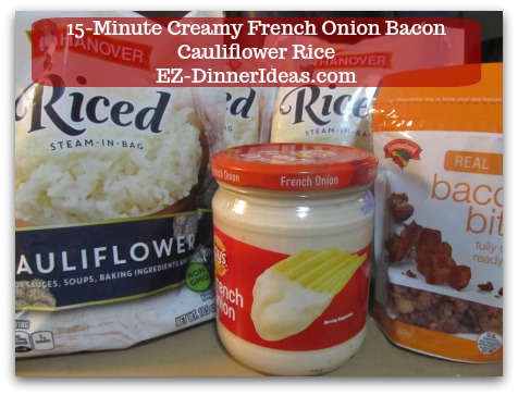 Recipe Cauliflower Rice | 15-Minute Creamy French Onion Bacon Cauliflower Rice - 3 store-bought ingredients and 15 minutes are all you need.