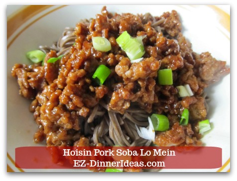 BBQ Pork Lo Mein Recipe | Hoisin Pork Soba Lo Mein - Add Hoisin pork and sauce on top and garnish with scallion.