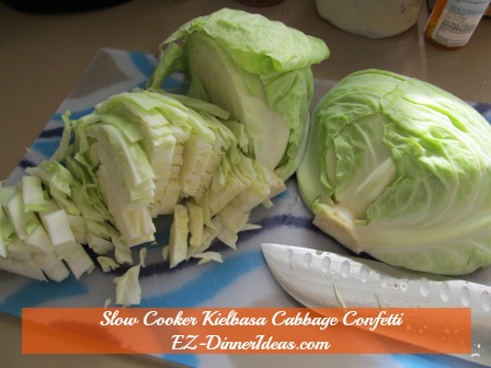 Cabbage Dinner Recipe | Slow Cooker Kielbasa Cabbage Confetti - Cored and cut cabbage
