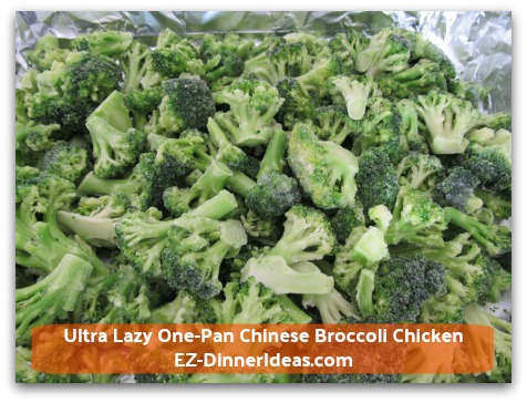 Ultra Lazy One-Pan Chinese Broccoli Chicken - In a foil lined roasting pan, single layer frozen broccoli