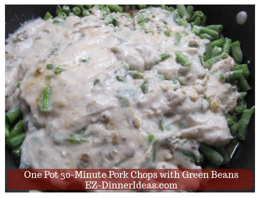 Cream of mushroom and green beans in skillet Cream of mushroom and green beans in skillet