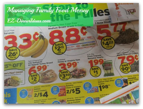 Managing family food money - circle those are the real on sale items by comparing the prices from stores in your area.  Fold the corner to help reminding you which page you should refer to.