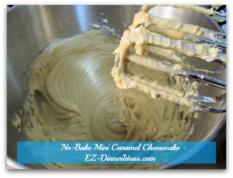 No-Bake Mini Caramel Cheesecake - Use hand mixer to mix cream cheese and caramel sauce until smooth