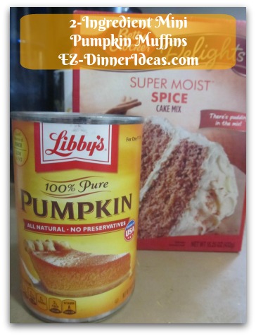 Recipe Using Spice Cake Mix | 2-Ingredient Mini Pumpkin Muffins - only 2 ingredients.  Pumpkin puree and spice cake mix.