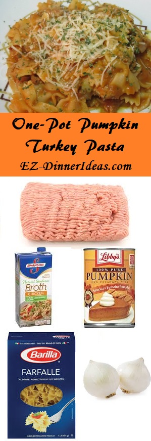 One-Pot Pumpkin Turkey Pasta - 5 ingredients make this one-pot meal.  Dinner is ready in 30 minutes.