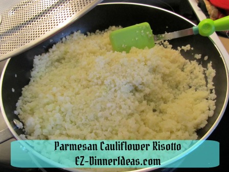 Parmesan Cauliflower Risotto - Cover skillet with splatter screen helps to thaw frozen cauliflower rice quicker