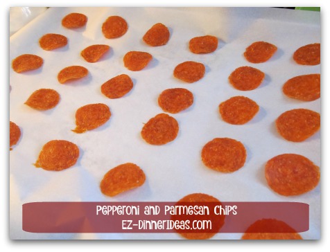 Pepperoni and Parmesan Chips - Use the kind that we always put on pizza; 1" space around each slice Pepperoni and Parmesan Chips - Use the kind that we always put on pizza; 1" space around each slice