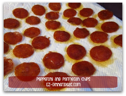 Pepperoni and Parmesan Chips - Transfer Pepperoni chips to paper towel-lined plate to get rid of the extra grease Pepperoni and Parmesan Chips - Transfer Pepperoni chips to paper towel-lined plate to get rid of the extra grease