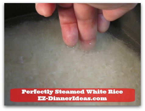 Perfectly Steamed White Rice - Measuring water level by having your tip of your 3rd  finger touching the top surface of the rice until it reaches the first section of the finger.
