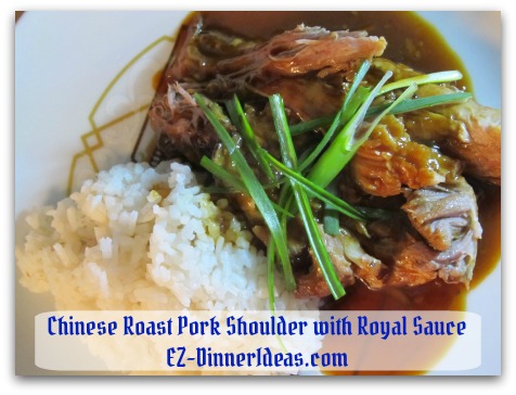 Award winning crockpot pork roast recipe in Chinese Royal Sauce served with steamed white rice.  It is way better than dining out in a 5-star restaurant.