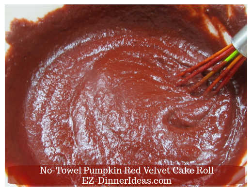 Dry and wet ingredients all combined with red food coloring