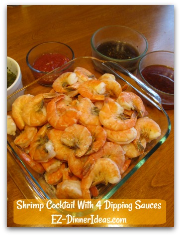 Party Shrimp Cocktail With 4 Dipping Sauces - Transfer shrimp to serving plate along with 4 sauces Party Shrimp Cocktail With 4 Dipping Sauces - Transfer shrimp to serving plate along with 4 sauces