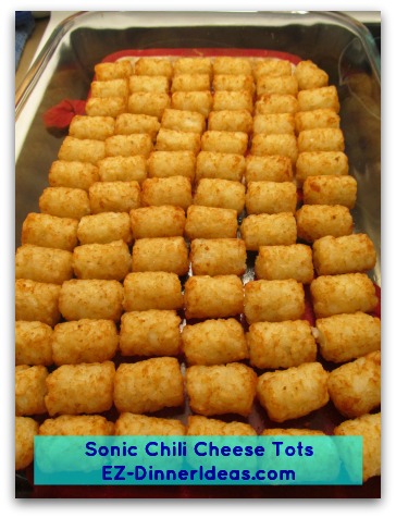 Sonic Chili Cheese Tots - Single layer potato tots on a baking sheet and squeeze in as many as you can Sonic Chili Cheese Tots - Single layer potato tots on a baking sheet and squeeze in as many as you can