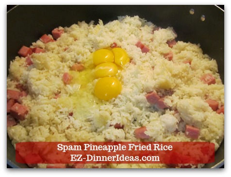 Hawaiian Fried Rice | Spam Pineapple Fried Rice - Add eggs into rice and Spam mixture.