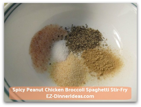 Spicy Peanut Chicken Broccoli Spaghetti Stir-Fry - Combine 1/2 tsp Salt, 1/4 tsp Black Pepper, 1 pinch of Sugar, 1/2 tsp Garlic Powder & 1/4 tsp Ground Ginger Spicy Peanut Chicken Broccoli Spaghetti Stir-Fry - Combine 1/2 tsp Salt, 1/4 tsp Black Pepper, 1 pinch of Sugar, 1/2 tsp Garlic Powder & 1/4 tsp Ground Ginger