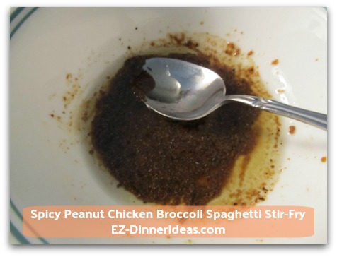 Spicy Peanut Chicken Broccoli Spaghetti Stir-Fry - Stir and mix well chicken marinade Spicy Peanut Chicken Broccoli Spaghetti Stir-Fry - Stir and mix well chicken marinade