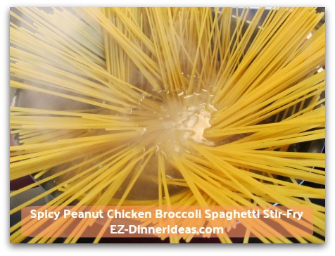 Spicy Peanut Chicken Broccoli Spaghetti Stir-Fry - Keep the same pot of boiling water and add pasta Spicy Peanut Chicken Broccoli Spaghetti Stir-Fry - Keep the same pot of boiling water and add pasta